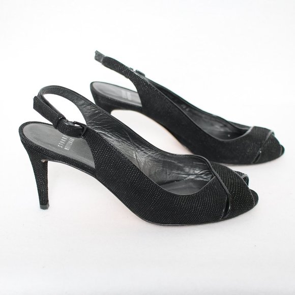 Stuart Weitzman Black Sparkly Open Toe Slingback Heels Sz 8.5 W - Picture 6 of 6